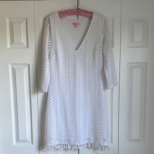 Lilly Pulitzer White Crochet Dress, Long Sleeve With Fringe Hem